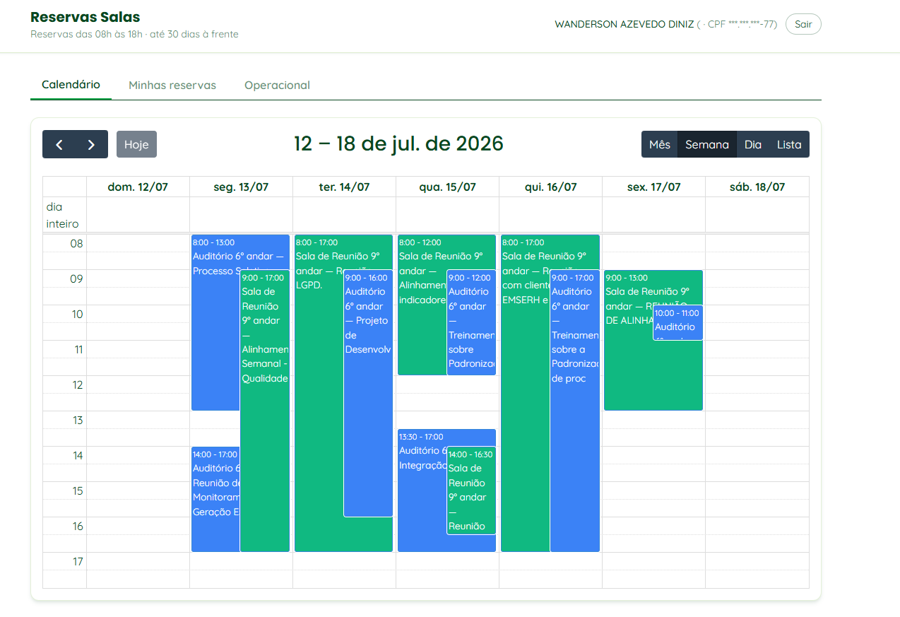 Calendário do sistema de reserva de salas